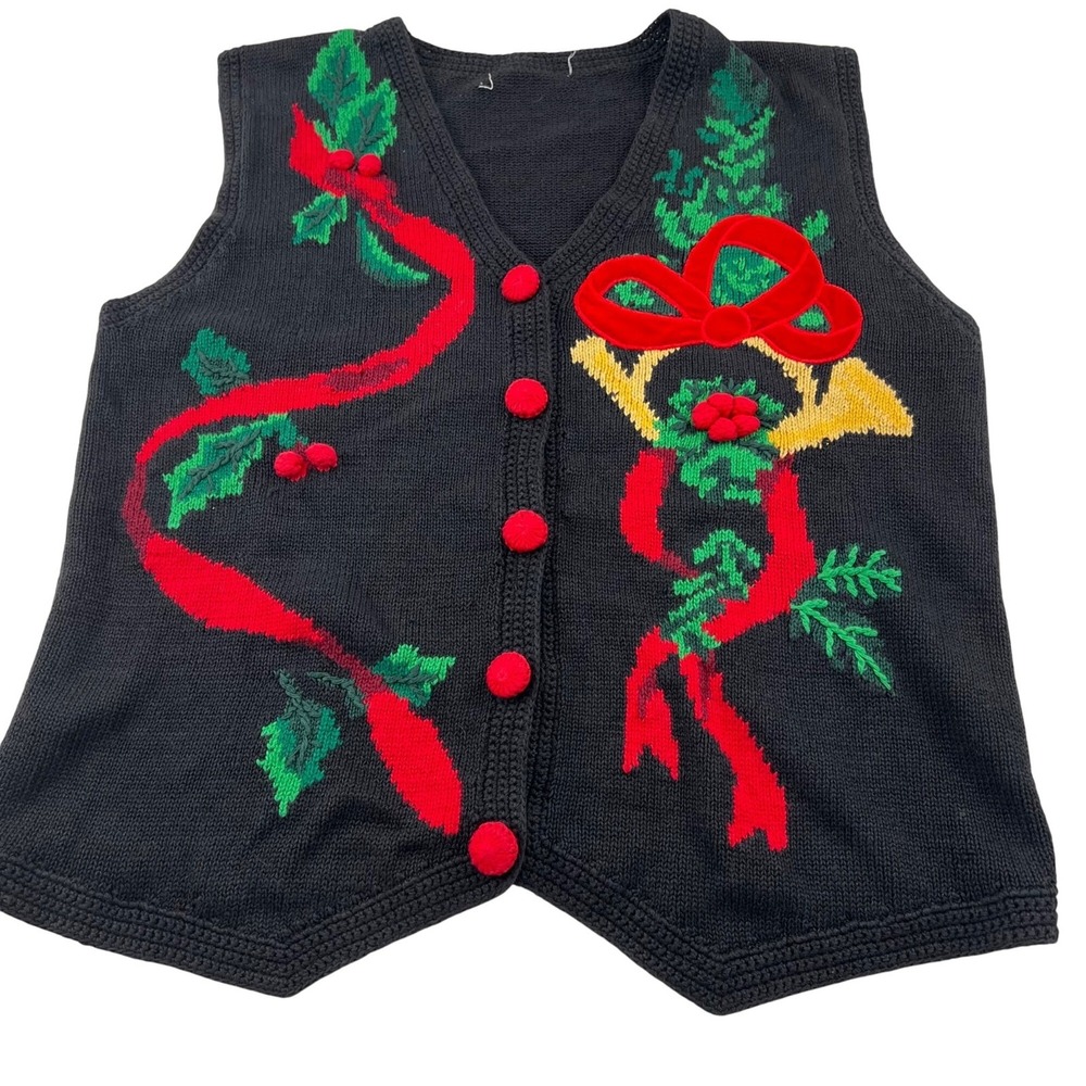 Vintage Womens Christmas-Themed Knit Vest Medium Black‎ Red Green Holiday Design